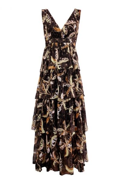 tiered metallic floral maxi dress