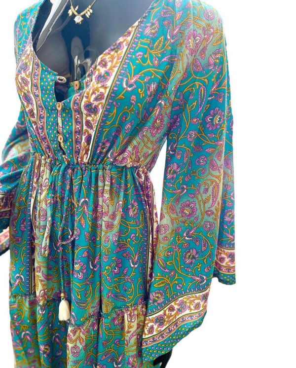 Indonesian Silk Blue Bell Sleeve Maxi Dress - At The Boutique Cirencester