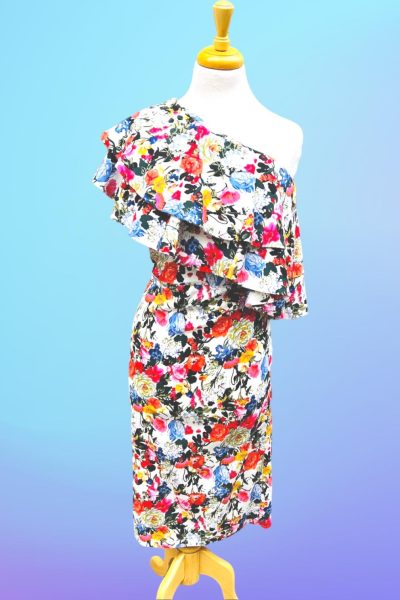 floral ruffle one shoulder midi dress