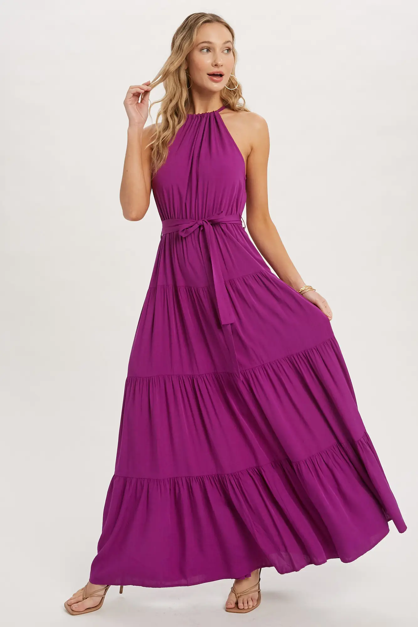 Orchid Purple Halterneck Tiered Maxi Dress - At The Boutique Cirencester