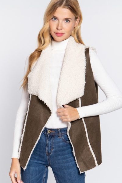 olived coloured raw edge faux fur suede gillet